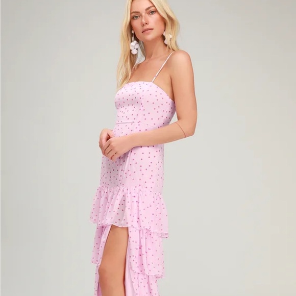 Lulus Nellie Pink Polka Dot Ruffled Midi Dress- NWT - Picture 2 of 6